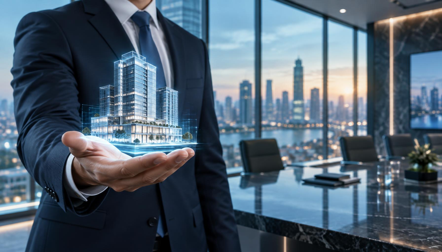 Real estate professional presenting a building model